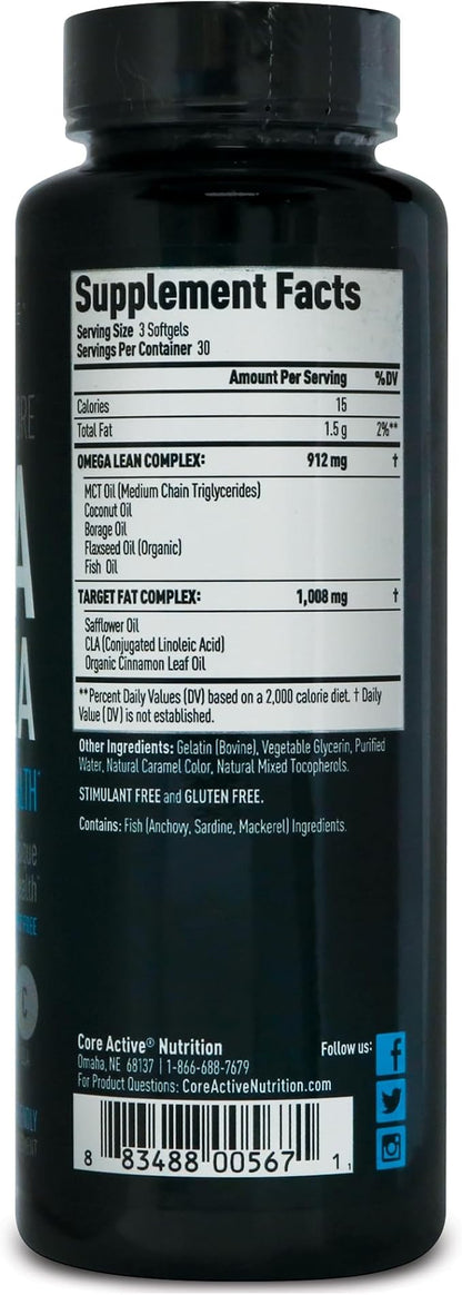 Lean CORE Omega MCT + CLA - Stimulant Free Health Formula, Lean Muscle & Toned Physique, Omega 3-6-9 Fatty Acids - Flaxseed Fish Oil- Coconut Oil- Keto Friendly 30 Day Supply (90 Softgels)