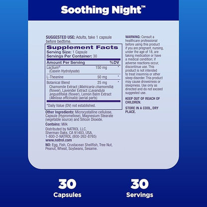 Natrol Soothing Night With Lactium, L-Theanine & a Botanical Blend, Dietary Supplement for Bedtime Without Melatonin to Calm Stress and Support Sleep, Clarity & Alertness, 30 Capsules, 30 Day Supply