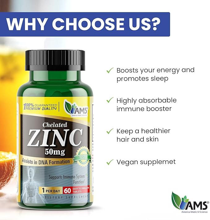America Medic & Science Chelated Zinc 50 mg Supplements (3 Pack of 60 Tablets) Immune Booster and Powerful Antioxidant Pills for Adults Men and Women | Highly Absorbable Mineral, Improves Mood & Sleep