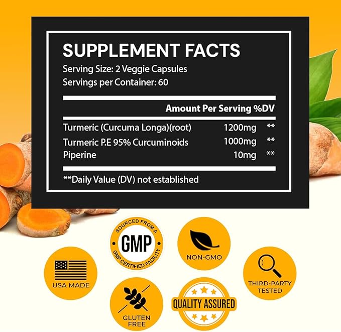 Turmeric Curcumin with Black Pepper Extract (Piperine) - 120 Veggie Tumeric Capsules - Premium 95% Standardized Curcuminoids - High Absorption & Potency - Joint Support Supplement