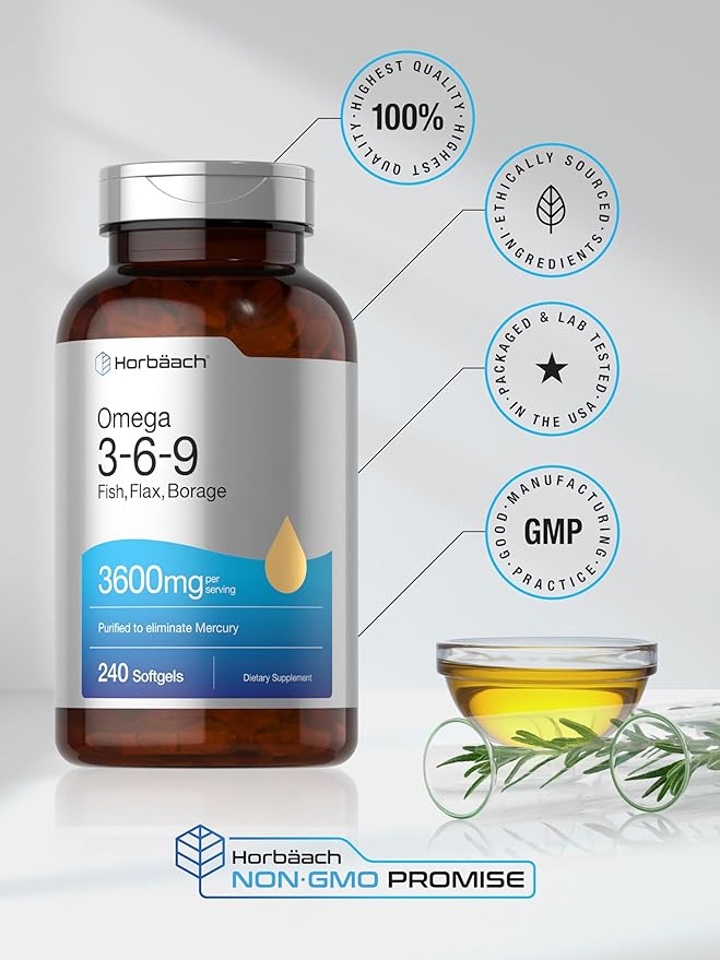 Horbäach Triple Omega 3-6-9 240 Softgels | from Fish, Flaxseed, Borage Oils | Non-GMO & Gluten Free