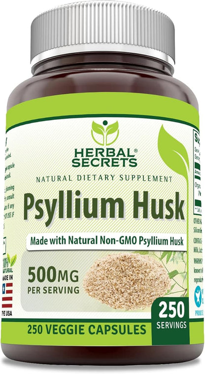 Herbal Secrets Psyllium Husk Supplement | 500 Mg | 250 Veggie Capsules | Non-GMO | Gluten Free | Made in USA