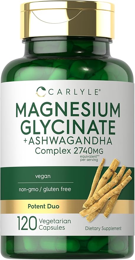 Carlyle Magnesium Glycinate with Ashwagandha | 2,740mg Complex | 120 Vegetarian Capsules | Potent Duo | Non-GMO and Gluten Free Supplement