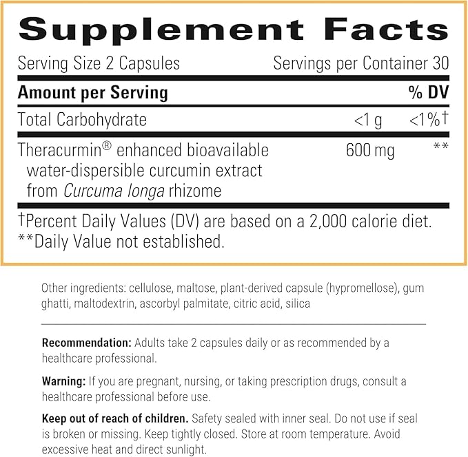 Integrative Therapeutics Theracurmin HP - High Absorption Turmeric & Curcumin Supplement - 27x More Bioavailable - Relief of Minor Discomfort Due to Occasional Overuse* - Vegan - 60 Capsules