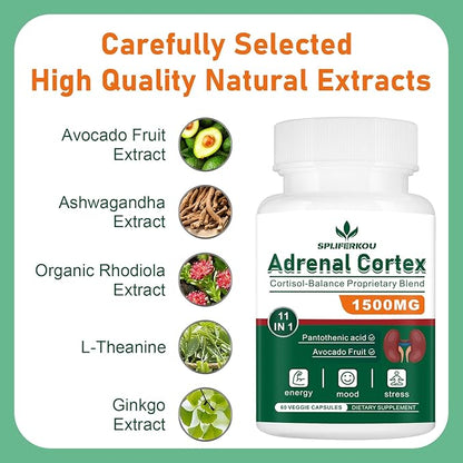 11-in-1 Adrenal Support Supplement, Cortisol Supplement with Pantothenic Acid and Ashwagandha - Supports Healthy Adrenal Function, Energy and Relaxation- 60 Capsules
