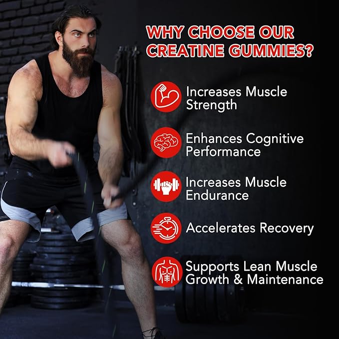 Creatine Monohydrate Gummies 5000mg for Men & Women, Creatine Monohydrate, L-Taurine, Vitamin B12 for Muscle Growth, Strength, Focus, Energy & Health, Sugar Free, Vegan, Strawberry Flavor, 120 Count