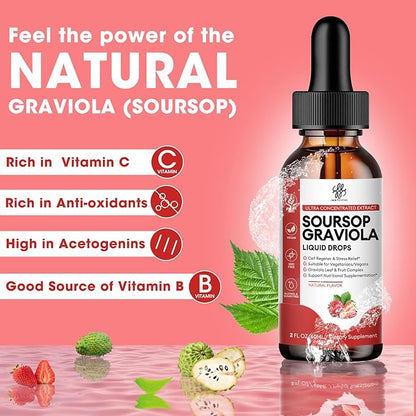 Soursop Graviola Liquid Drop, Soursop Bitters Liquid, Natural Soursop Leaves & Fruit Complex for Overall Wellness, Sugar/Caffeine/Gluten Free, Strawberry Flavor, 2 Fl Oz