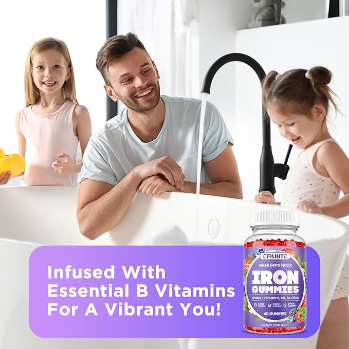 Iron Gummies for Women & Men - Iron Supplement with Vitamin B6, B12, C, Zinc, Folate for Adults & Kids - Support Iron Deficiency, Anemia, Energy Boost, Blood Builder - Sugar Free 60ct Mixed Berry