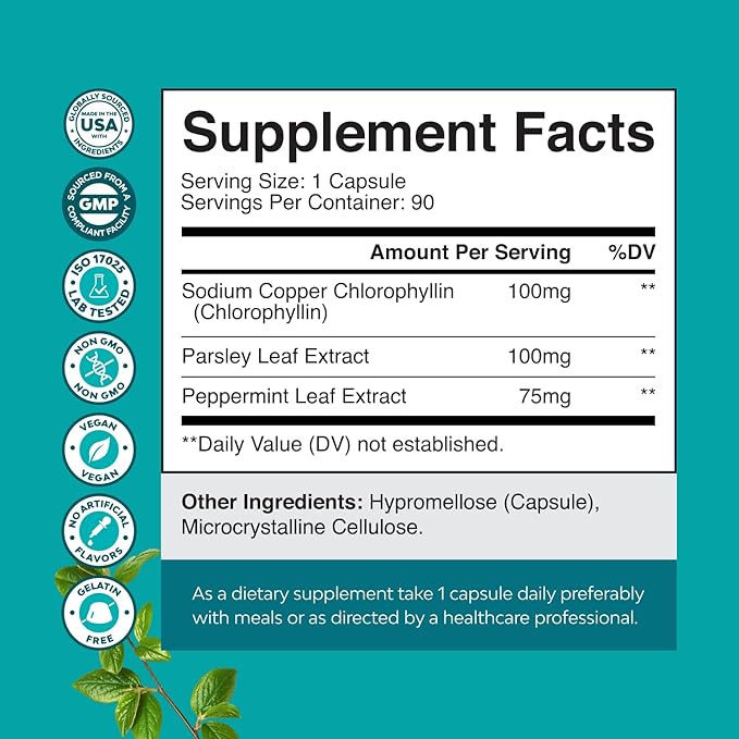 Chlorophyll Capsules for Cleanse and Detox Support - Internal Deodorant Pills for Body Odor with Mint & Parsley Extract Healthy Skin Immunity & Digestive Support - Vegan Non-GMO & Gluten Free (90ct)