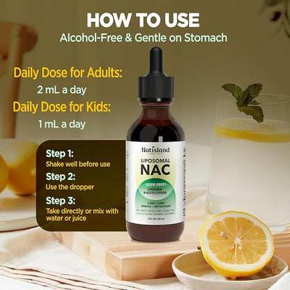 Liposomal Liquid NAC Drops, NAC Supplement N-Acetyl Cysteine, NAC 600 mg with Milk Thistle & Quercetin for Adults & Kids, Liver & Lung Support, Immune & Antioxidant, Skin & Cellular Health, 2 Fl Oz