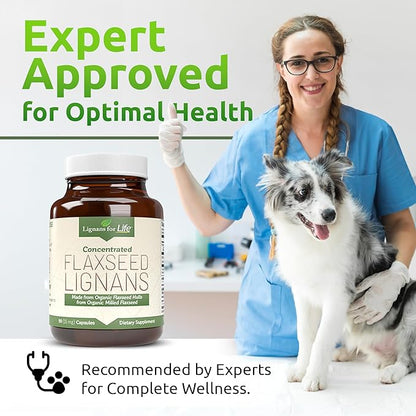 Lignans For Life Flaxseed Lignans for Dogs & People - Organic Flaxseed Supplement for Hormone Support, 15mg 90 Capsules, Flax Seed for Dogs & Women, High-Fiber