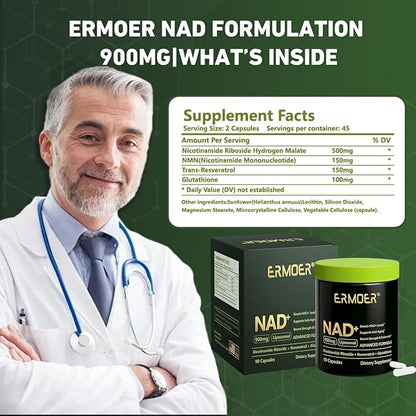 NAD+ Supplement, NAD Nicotinamide Riboside Resveratrol 900mg, Liposomal NAD for Women & Men, NMN Supplement Alternative for Anti-Aging, Energy Booster - 2 Bottle