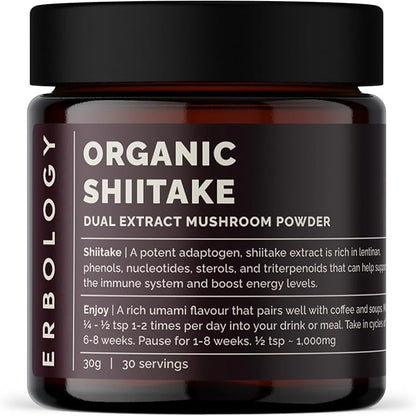 Erbology Organic Shiitake Dual Extract Powder 30 Servings - 10% Beta-glucans - Immunity and Energy - Lentinula edodes - Small Batch - Sustainably Grown in Europe - Vegan - Non-GMO - No Added Fillers
