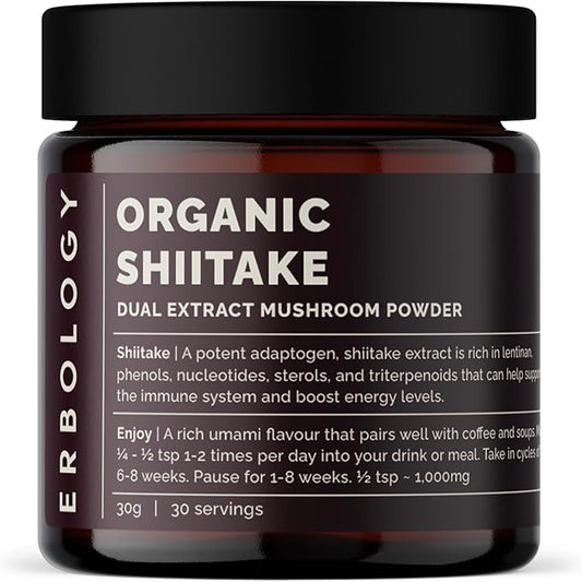 Erbology Organic Shiitake Dual Extract Powder 30 Servings - 10% Beta-glucans - Immunity and Energy - Lentinula edodes - Small Batch - Sustainably Grown in Europe - Vegan - Non-GMO - No Added Fillers