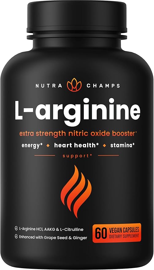 NutraChamps Premium L Arginine Supplement, 5-in-1 Nitric Oxide Supplement, L-Arginine Powder & L Citrulline Enhanced with Grape Seed & Ginger, Energy, Blood Flow, 60 Vegan Capsules