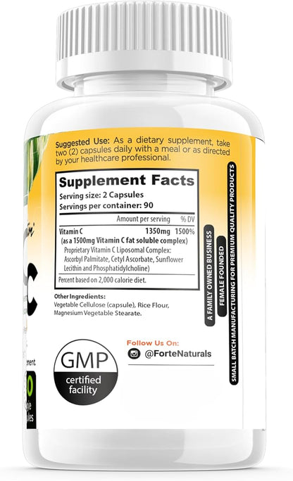 High Dose Vitamin C 1500mg Liposomal C Complex Supplement with Sunflower Lecithin Capsules Supplements Clogged Milk Sunflower Lecithin 180 Capsules Celebration Vitamins