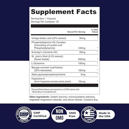 MemoForce - Natural Supplement with Ginkgo Biloba, Bacopa Monnieri for Brain & Memory Support | Non-GMO, Stimulant-Fre | Made in The USA, GMP-Certified | 30 Capsules - 3 Month Supply