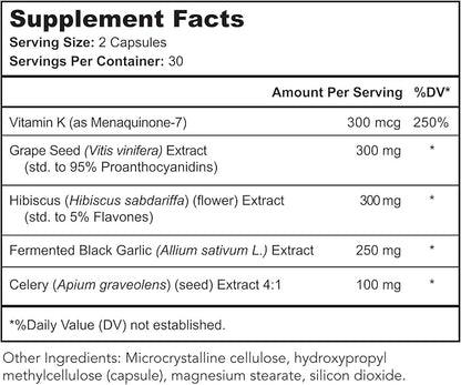 Vaso Calm - Healthy Blood Balance Supplement - Features Fermented Garlic, Celery and Grape Seed Extract, Hibiscus, and Vitamin K2 - Made in The USA