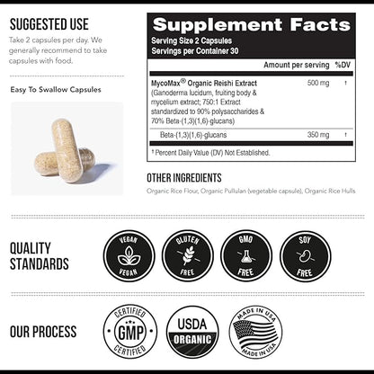 Organic Reishi Mushroom Capsules Extract - 70% Beta Glucans - Highest Active Nutrient Levels, Max Potency, US Grown + Ultrasonic Extraction - Energy, Immunity, Sleep and Stress - 60 Capsules