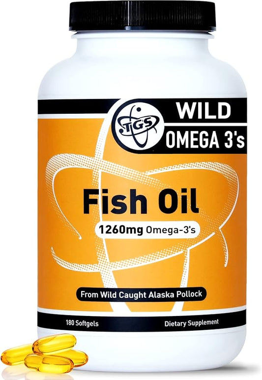 TGS Triple Strength Omega 3 Fish Oil Supplement - 1260mg EPA DHA for Men & Women - Burpless, Pure Omega 3 Fatty Acids from Wild Alaska Pollock in Triglyceride Form - 180 Capsules, 90 Servings