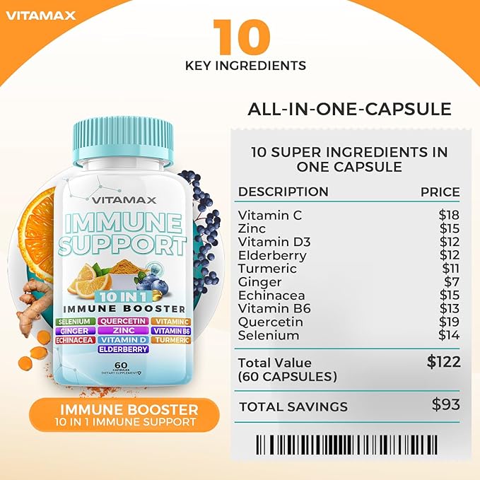 10-in-1 Immune System Support Booster with Elderberry, D3, Selenium, Quercetin, Zinc, Vitamin C, Ginger, Turmeric Curcumin, B6, Echinacea – Natural Immune Defense – Made in USA (60 Count (Pack of 1))