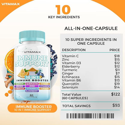 10-in-1 Immune System Support Booster with Elderberry, D3, Selenium, Quercetin, Zinc, Vitamin C, Ginger, Turmeric Curcumin, B6, Echinacea – Natural Immune Defense – Made in USA (60 Count (Pack of 1))