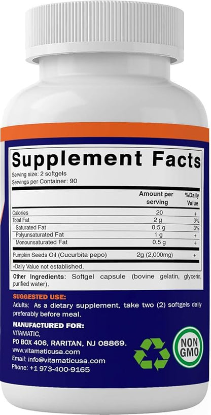 Vitamatic Pumpkin Seed Oil 2000mg Softgel Capsules per Serving - 180 Softgels - 1000mg per softgel