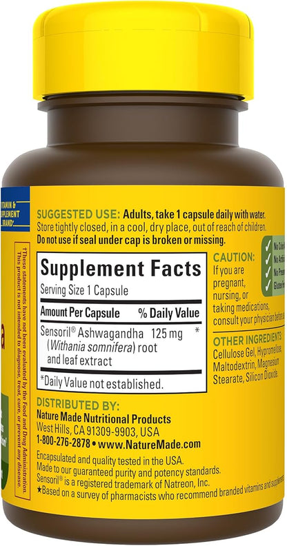 Nature Made Ashwagandha Capsules 125mg for Stress Support, 60 Capsules, 60 Day Supply