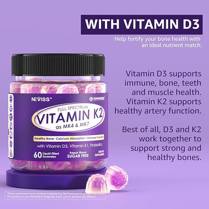 NEVISS Sugar-Free Full Spectrum Vitamin K2 Gummies (MK-4 500mcg & MK-7 100mcg) + K1, D3 for Women & Men - 60 Gummies
