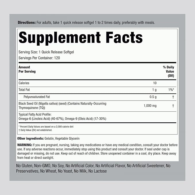 Piping Rock Black Seed Oil Softgel Capsules | 1000mg | 120 Pills | Cold Pressed Virgin | Solvent Free, Non-GMO, Gluten Free Supplement