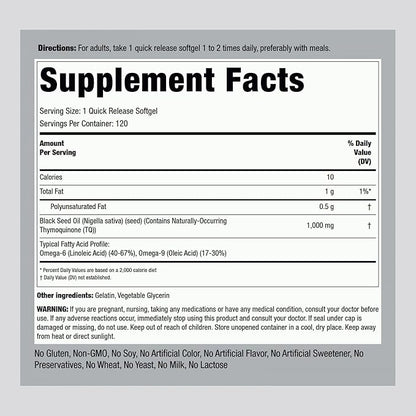 Piping Rock Black Seed Oil Softgel Capsules | 1000mg | 120 Pills | Cold Pressed Virgin | Solvent Free, Non-GMO, Gluten Free Supplement
