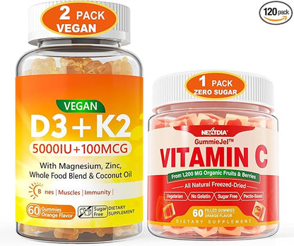 2 Pack Vegan Vitamin D3 5000IU K2 Gummies+ 1 Pack Whole Food Vitamin C Gummies