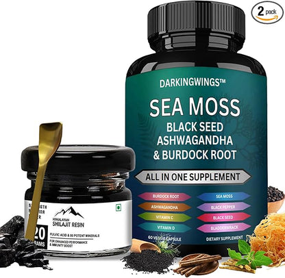 Sea Moss & Shilajit Vitality Bundle - Shilajit 500mg, Sea Moss 3000mg, Black Seed Oil 2000mg, Ashwagandha 1000mg, Burdock root & Bladderwrack for Men & Women All in 1 Supplement - 30 days Capsule