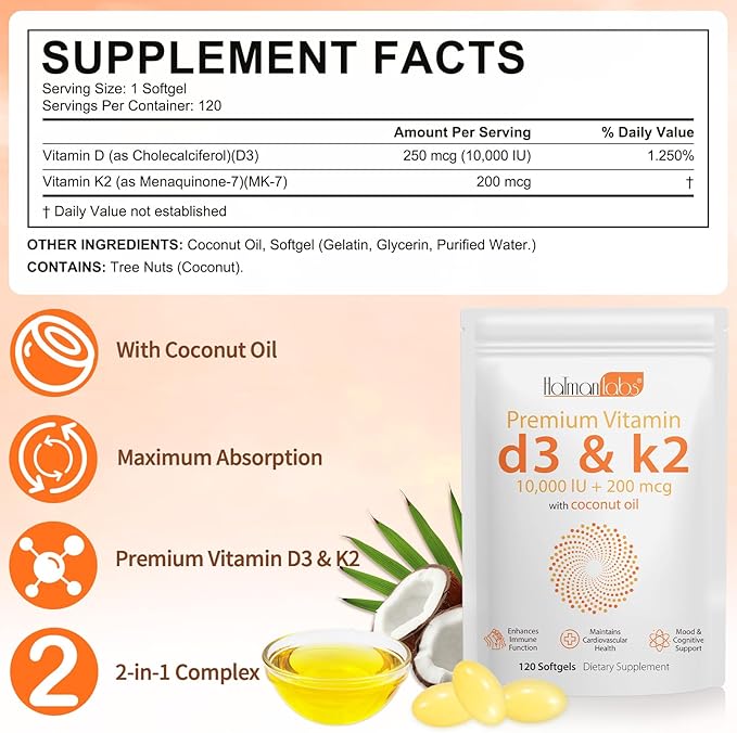 Vitamin D3 K2 Softgel 120pcs with Coconut Oil Support Immune, K2 D3 Vitamin Supplement Fast Absorption, D3 K2 Vitamin 10000IU, Promotes Healthy Bones, Non-GMO