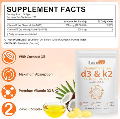 Vitamin D3 K2 Softgel 120pcs with Coconut Oil Support Immune, K2 D3 Vitamin Supplement Fast Absorption, D3 K2 Vitamin 10000IU, Promotes Healthy Bones, Non-GMO