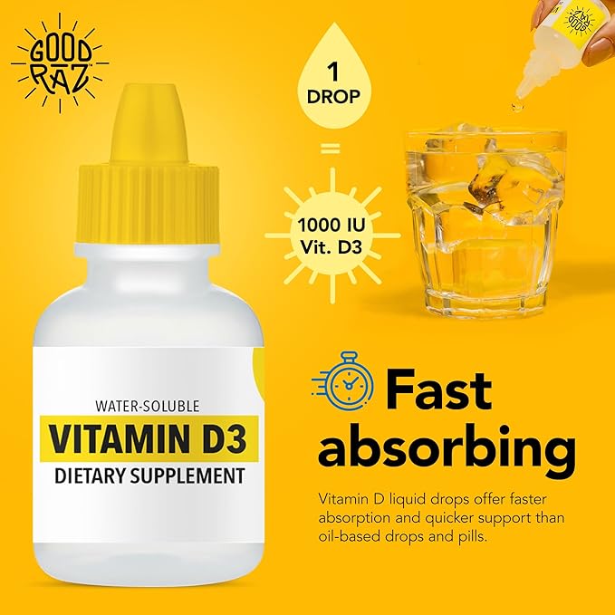 Vitamin D Drops Adult - Water-Soluble Liquid D3 Drops - Potent Vitamin D Liquid Drops - No Stir, Non-GMO, Kosher - D3 Liquid to Add to Drink Or Food, Flavorless - 12-Month Supply (3)