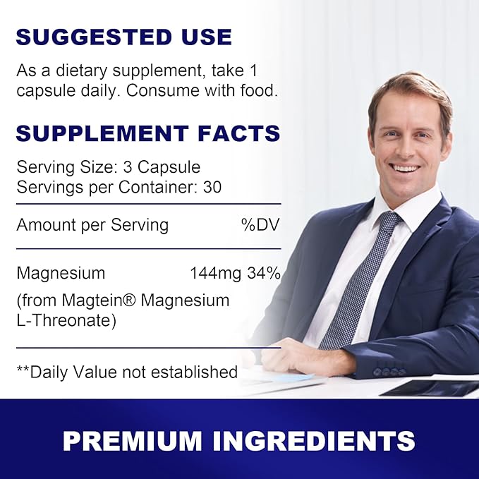 Magnesium L-Threonate Capsules, Original Patented Magtein™ Form of Magnesium (Mg), Improve Memory, Cognition and Sleep Quality (90 Capsules)