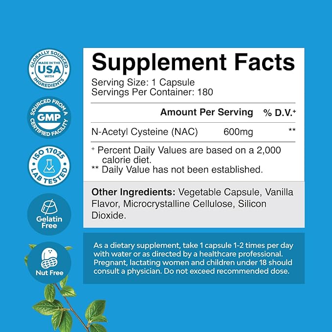 NAC Supplement N-Acetyl Cysteine 600mg - Potent Vegan High Absorption NAC 600 mg Capsules Glutathione Precursor for Liver Cleanse Detox & Repair plus Lung Health and Immunity Support - 180ct 2pk