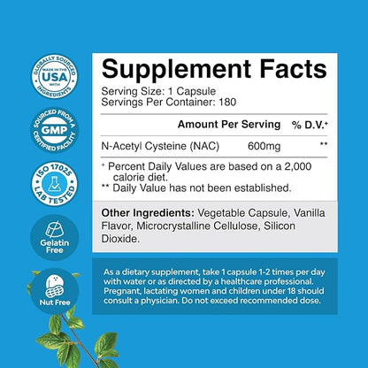 NAC Supplement N-Acetyl Cysteine 600mg - Potent Vegan High Absorption NAC 600 mg Capsules Glutathione Precursor for Liver Cleanse Detox & Repair plus Lung Health and Immunity Support - 180ct 2pk