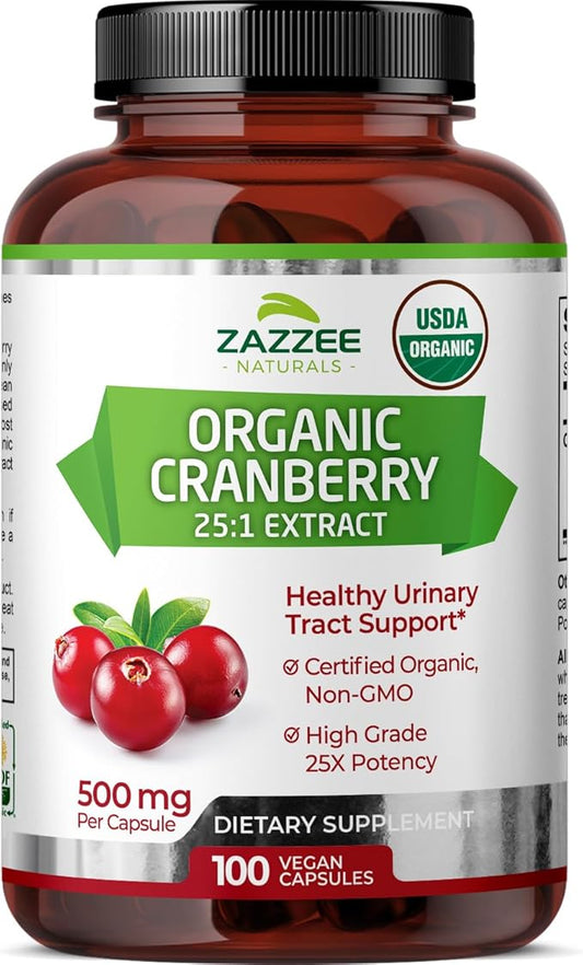 Zazzee USDA Organic Cranberry 25:1 Extract, 12,500 mg Strength, 100 Vegan Capsules, Over 3 Month Supply, Standardized, Concentrated 25X Extract, 100% Vegetarian, Certified Organic, Non-GMO All-Natural