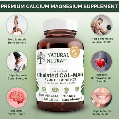 Natural Nutra Chelated Cal Mag 1000/500 mg Supplement, 250 Vegan Tablet