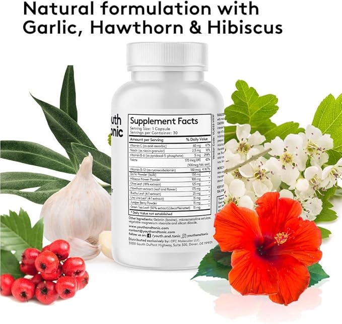Youth & Tonic Natural Blood Pressure Support Supplement w/Hawthorn Hibiscus & High Potency Diuretic Herbs & Vitamins for Water Retention | 30 BP Capsules to Maintain a Good Health | Women & Men