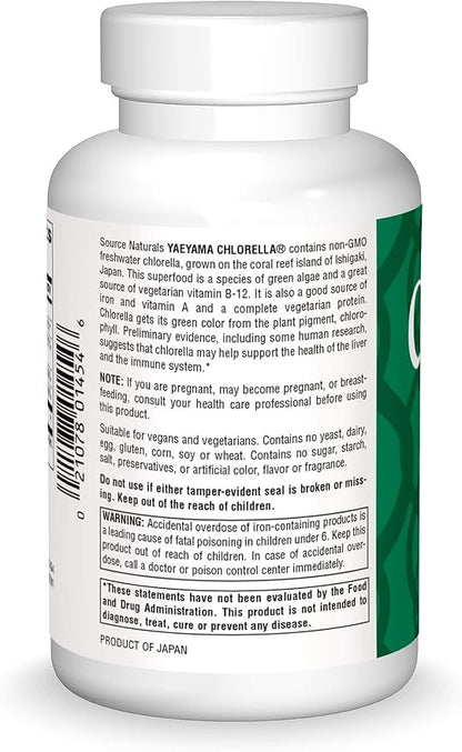 Source Naturals Yaeyama Chlorella Green Superfood, Plant-Based B12* - 200 mg, 600 Tablets
