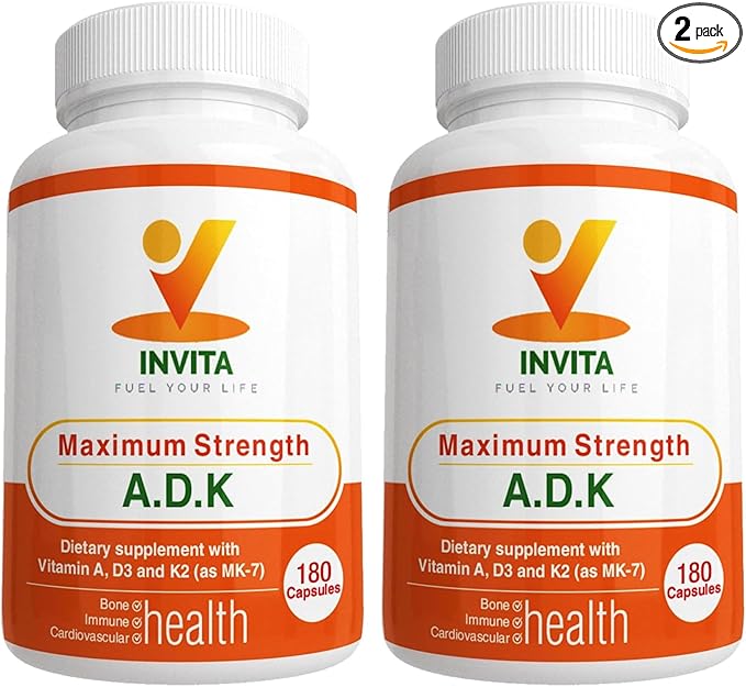INVITA ADK - Vitamins A1, Vitamin D3 5000 IU & K2 MK7 Supplement - Physician Formulated Bone & Immune System Support - Gluten Free, Non-GMO - 180 Vegetarian Capsules for Men & Women