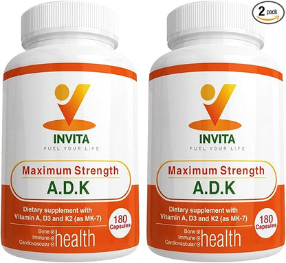 INVITA ADK - Vitamins A1, Vitamin D3 5000 IU & K2 MK7 Supplement - Physician Formulated Bone & Immune System Support - Gluten Free, Non-GMO - 180 Vegetarian Capsules for Men & Women