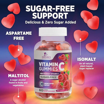 Zero Sugar Vitamin C Gummies - Immune Support & Antioxidant VitaminC Dietary Supplement - Vegan, Non-GMO, Dairy & Gluten Free C Vitamin Gummy - Raspberry Flavor for Kids & Adults - 60 Count Gummies