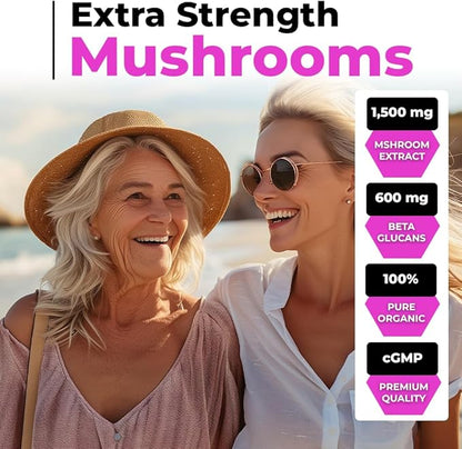 CANCER SCIENCES Women's Wellness Supplement, USDA Certified Organic Mushrooms Extract, Extra Strength 1,500 mg, High Potency 40% Beta-Glucans, Immune & Hormonal Support, Digestive Health, 120 Capsules