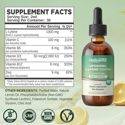 Liposomal L-lysine 1000MG Liquid Drops, Lysine Supplement for Women & Kids with Vitamin C, B6, D3, B12 &Zinc Gluconate, Skin & Lip Health, Immune & Collagen Production Support, Lemon Flavor, 2 fl oz