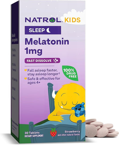 Natrol Kids Fast Dissolve Melatonin 1 mg, Dietary Supplement for Restful Sleep, Sleep Tablets for Kids, 30 Strawberry-Flavored Melatonin Tablets, 30 Day Supply