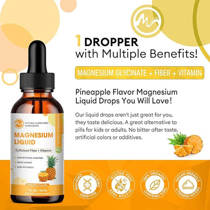 (3 Pack) Magnesium Glycinate Liquid Drops, High Absorption Magnesium Liquid with Bromelain, Vitamin B6 C D, Magnesium Supplement for Kids and Adults, Night & Muscle Support, Pineapple Flavor
